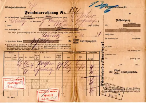 DR 1904, Eisenbahn Frankatur-Rechnung m. Klebezetteln v. Brattendorf u. Eisfeld