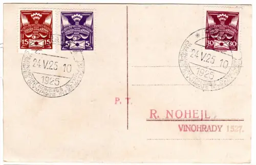 Tschechoslowakei 1925, 3 Marken auf Karte m. Sonderstpl zum Olympischen Kongress