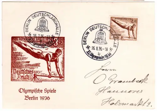 DR 1936, 3 Pf. Turnen auf Maximumkarte Olympische Spiele Berlin m. Sonderstempel