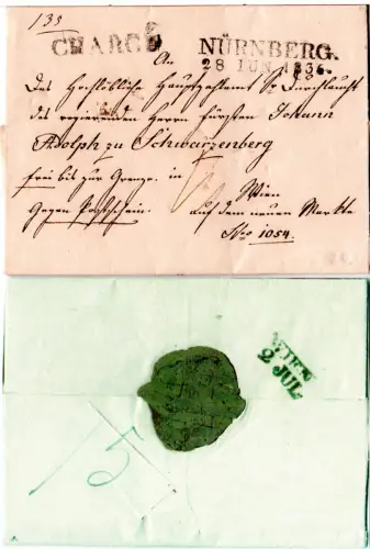 Bayern 1836, L2 Nürnberg u. CHARGÈ auf schönem Reko Brief n. Österreich