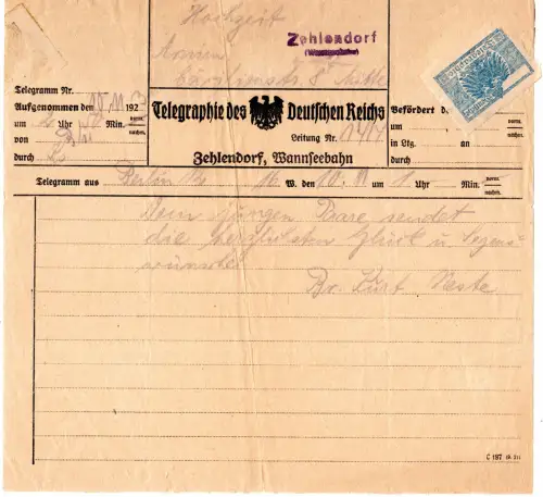 DR 1923, viol. L2 Zehlendorf (Wannseebahn) auf Telegramm aus der Hochinfla-Zeit