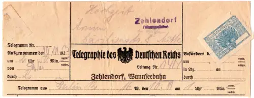 DR 1923, viol. L2 Zehlendorf (Wannseebahn) auf Telegramm aus der Hochinfla-Zeit