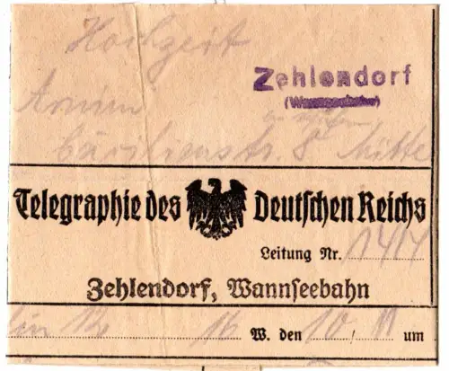 DR 1923, viol. L2 Zehlendorf (Wannseebahn) auf Telegramm aus der Hochinfla-Zeit