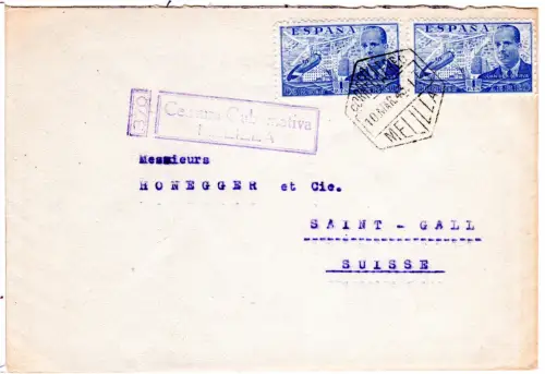 Spanien 1943, 2x1 P. auf Luftpost Brief m. Marokko Stempel u. Zensur v. Melilla.