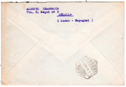 Spanien 1943, 2x1 P. auf Luftpost Brief m. Marokko Stempel u. Zensur v. Melilla.