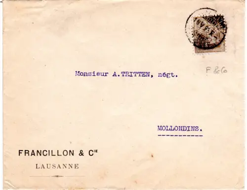 Schweiz 1886, 2 C. m. perfin auf Firmenbrief v. Lausanne