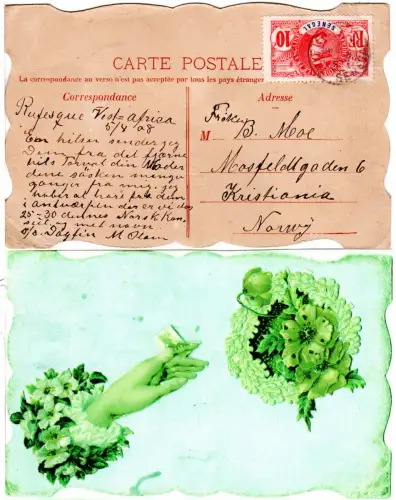 Senegal 1908, 10 C. on unusual postcard from Rufisque to Norway