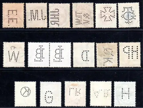 Dänemark, 17 alte Marken m. versch. Firmenlochungen / perfins