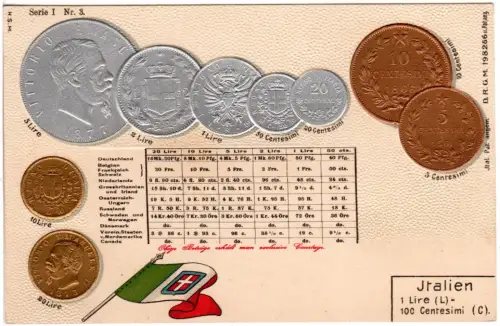 Italien, Lire u. Cmi. sowie Wechselkurse, ungebr. Münz Präge-AK