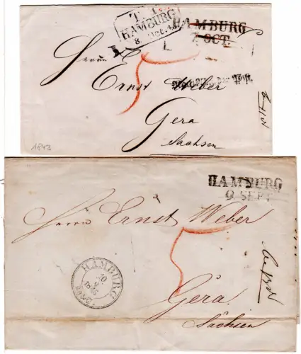 Hamburg 1843/45, 2 Porto Briefe n. Sachsen, 1x Nach Abg. der Post