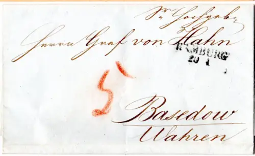 1843, Mecklenburg PA L2 Hamburg auf Porto Brief n. Basedow. Geprüft.