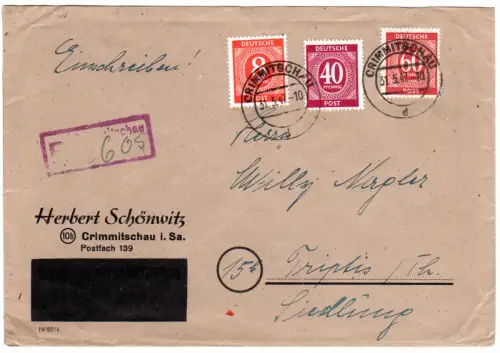 1947, 60+40+8 Pf. auf portorichtigem Einschreiben Brief v. Crimmitschau