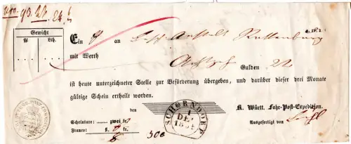 Wüttemberg 1855, Postschein f. eine Wertsendung m. Steigbügelstpl. Schorndorf