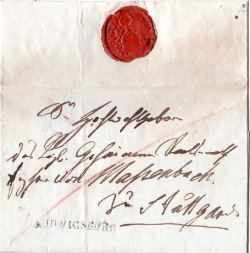 Württemberg 1814, kl. L1 Ludwigsburg auf gesiegeltem Brief n. Stuttgart
