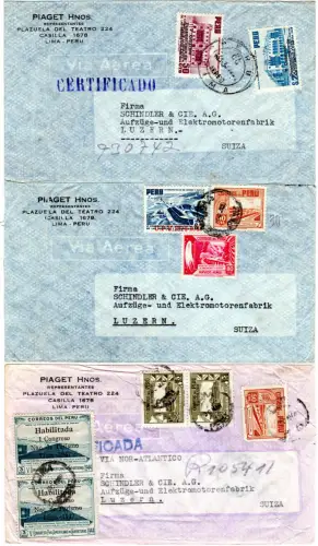 Peru, 3 Luftpost Brief i.d. Schweiz, 2 davon per Einschreiben