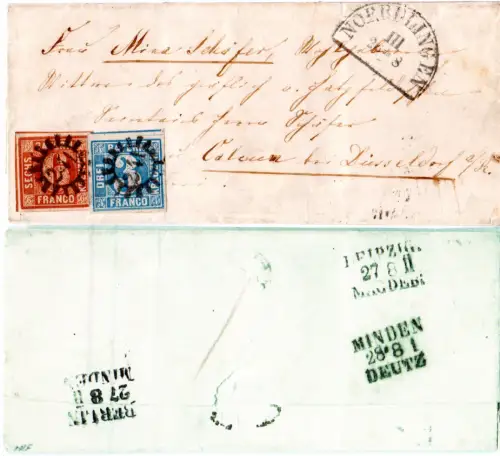 Bayern, 3+6 Kr. je breitr. auf Brief v. Nördlingen m. rs. 3 Preussen BP Stpln.