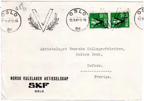 Norwegen 1941, 2x10 öre V-Überdruck auf Brief m. Oslo V-Maschinenstpl.