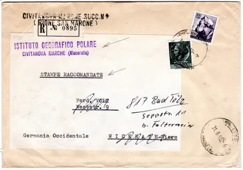 Italien 1962, 5+100 L auf Reko-Drucksache des Instituto Geogr. Polare Civitanova