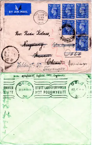 GB 1948, MeF 6x2 1/2d auf Luftpost Brief v. Tottenham n. China, dann Norwegen