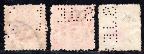 Hyderabad, 3 alte Marken mit Firmenlochung / perfin