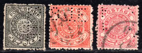 Hyderabad, 3 alte Marken mit Firmenlochung / perfin