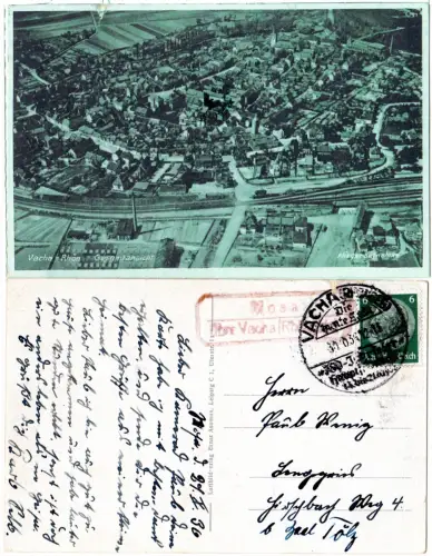 DR 1936, roter (!) Landpost Stpl. MOSA über Vacha auf sw-AK m. 6 Pf. 