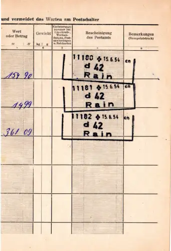 BRD 1953, Postanweisungs-R3 RAIN mehrfach auf Postformular