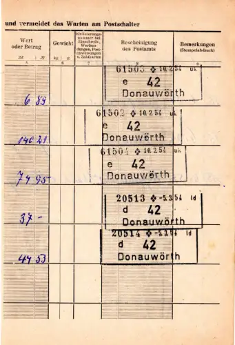 BRD 1953, Postanweisungs-R3 DONAUWÖRTH mehrfach auf Postformular