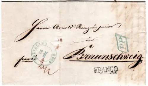 Belgien 1848, K2 Bruxelles u. R1 PP sowie L1 FRANCO auf Brief n. Braunschweig