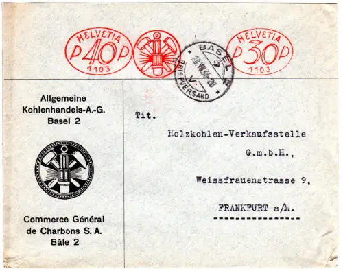 Schweiz 1936, 40+30 C. Maschinenfreistpl. auf Kohlenhandels AG Brief v. Basel