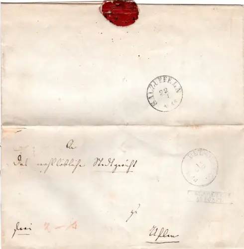 Taxis 1846, K1 Detmold T&T u. R1 Verspätete Aufgabe auf Brief n. Salzuffeln