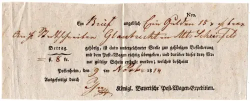 Bayern 1814, Postschein f. einen Wertbrief v. Possenheim n. Mkt. Scheinfeld
