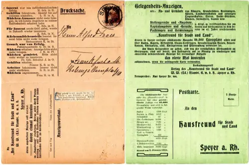 Bayern 1911, 3 Pf. auf Zeitschrift Hausfreund Drucksache Doppelkarte v. Speyer