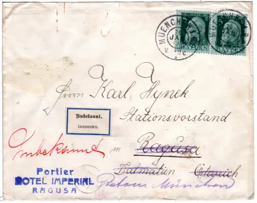 Bayern 1912, 2x5 Pf. auf Brief v. München n. Ragusa Dalmatien u. zurück
