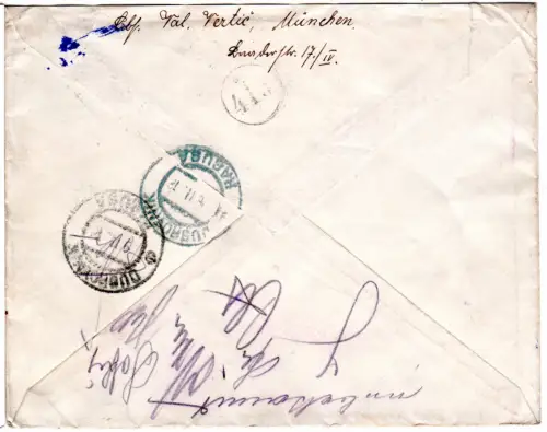 Bayern 1912, 2x5 Pf. auf Brief v. München n. Ragusa Dalmatien u. zurück