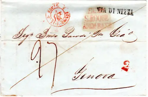 Gibraltar 1841, roter L3 DE GIBA S.ROQUE ANDa BAJA auf Porto Brief n. Italien