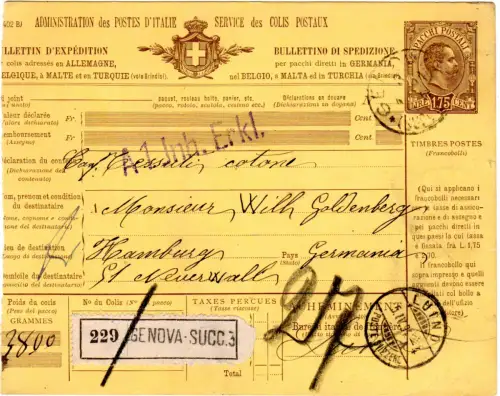 Italien 1894, 1,75 L. Paketkarte Ganzsache v. Genova über Luino n. Hamburg