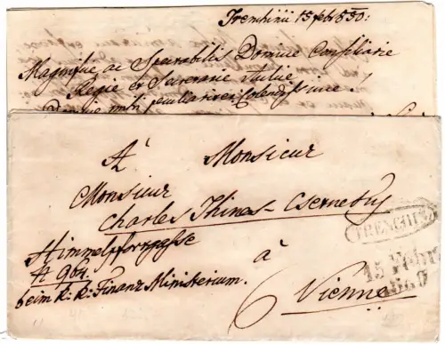 Österreich 1850, Ungarn-Ovalstpl. Trenchin + Datum-L2 auf Porto Brief n. Wien