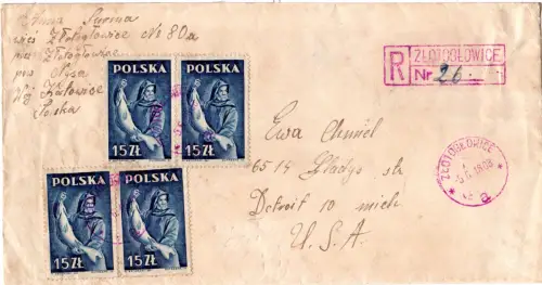 Polen 1948, MeF 4x15 Zt. Fischerei auf Einschreiben Brief v. Zlotoglowice n. USA