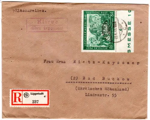 1948, Landpoststempel KLIEVE über Lippstadt auf Einschreiben Brief m. 84 Pf. 