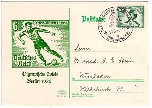 DR 1936, 5 Pf. Fussball auf Maximumkarte Olympische Spiele Berlin m. Sonderstpl.
