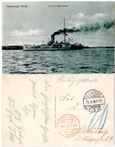 DR 1915, roter Stpl. Flansburg 1 Porto auf nicht anerkannter FP-Ortskarte