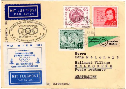 Olympiade 1956, Karte m. 3 DDR Marken u. Österreich Olympia-Sonderflug Etikett