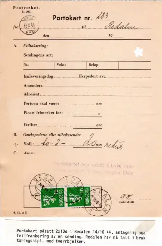 Norwegen 1944, Postformular Portokart v. Oslo Bud zurück m. 2x10 öre v. Redalen