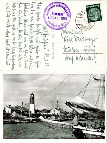 Pillau, Hafen m. Leuchtturm, 1935 v. Binz Rügen gebr. sw-AK m. Schiffsstempel