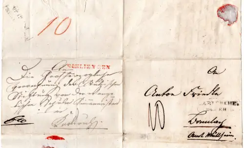 Baden 1846, L1 Schliengen u. R2 Carlsruhe auf 2mal verwendetem Faltbrief