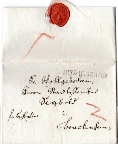 Württemberg 1810, gr. L1 Ludwigsburg auf gesiegeltem Brief n. Brackenheim