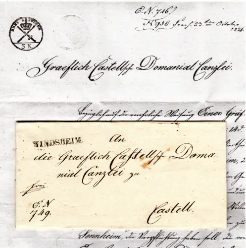 Bayern 1831, L1 Windsheim auf schönem Franko-Brief m. 3 Kr. Stempelpapier