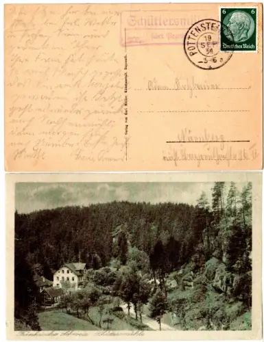DR 1934, Landpost Stpl. SCHÜTTERSMÜHLE über Pegnitz auf sw-AK m. 6 Pf. 