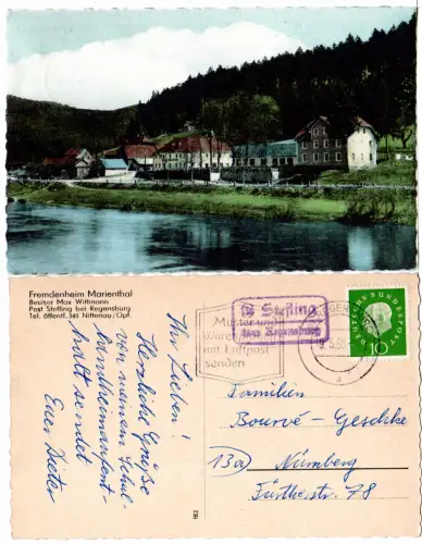 BRD 1960, Landpost Stpl. 13a STEFLING über Regensburg auf Farb-AK m. 10 Pf. 